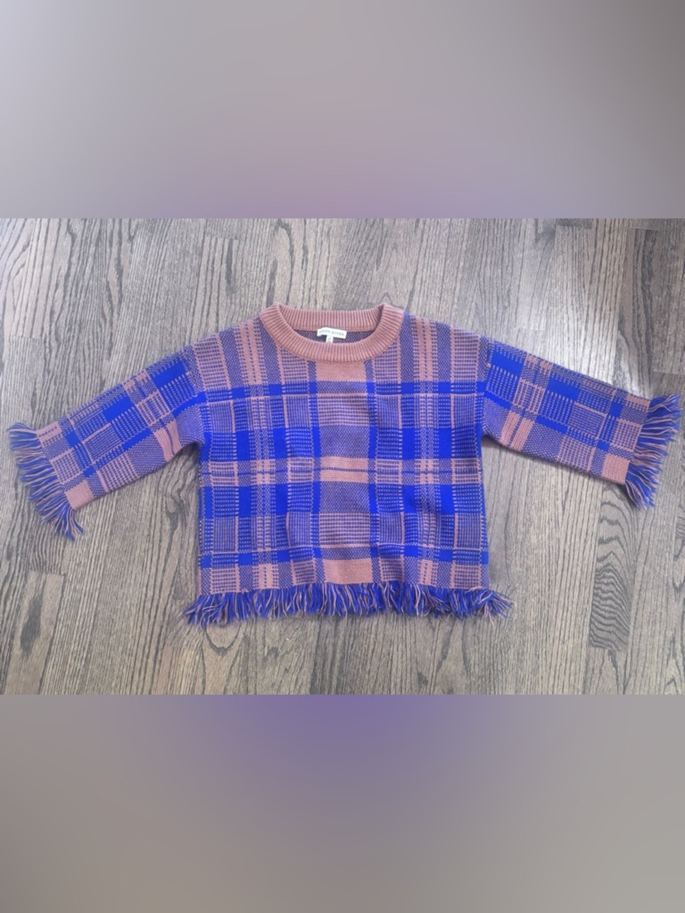 Anthropologie Moon River Rust & Cobalt Plaid Knit Fringe Sweater - XS